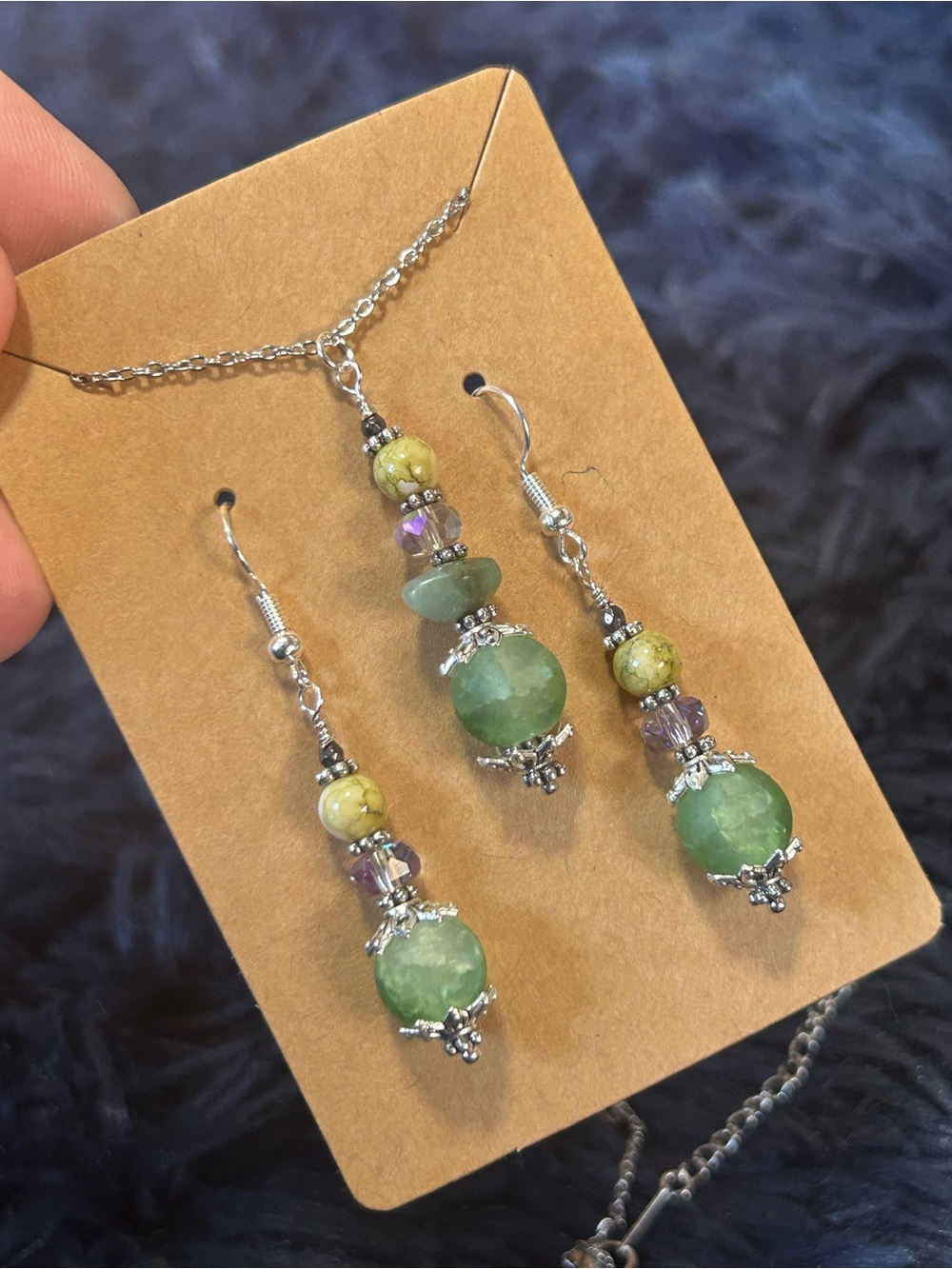 Handcrafted green crackle glass aventurine crystal necklace and earring set